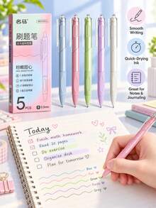 5pcs Macaron Color Series Retractable Gel Pen Set, 0.5mm Black Ink, Quick-Dry Smooth Writing, Comfortable Ergonomic Grip Design, Blue, Pink, Green, Purple, White 5-Color Barrel Combination, Fresh Girly Style Student Study Pen, Suitable For Exams, Learning Notes, Journaling, School And Office Supplies - Sets - View 4