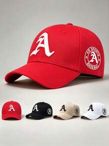 1pc Unisex Red Hat Letter A Embroidered Side Round "A" Badge Baseball Cap Adjustable Design Perfect For Hiking Traveling Running And Sun Protection. - Multicolor - View 2