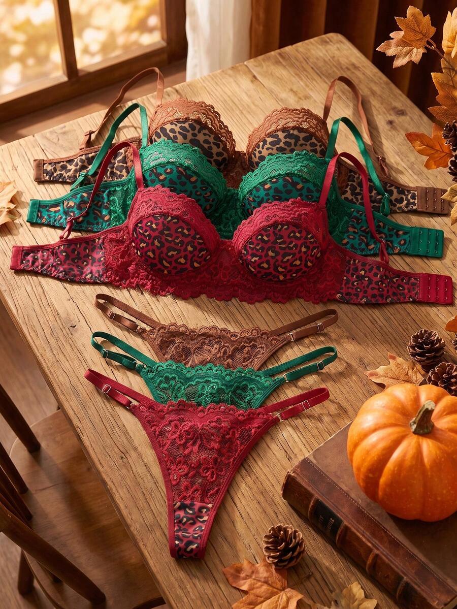Country Style Autumn/Winter Holiday 3 Sets 6 Pieces Daily Ultra Short Top & Panty Set, With Thong, Lace Comfortable Halloween Lingerie - Multicolor - View 1
