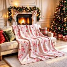 Pink Christmas Candy Cane Flannel Blanket, Bow Candy Star Print Sofa Throw, Girly Holiday Gift Blanket - Pink - View 1