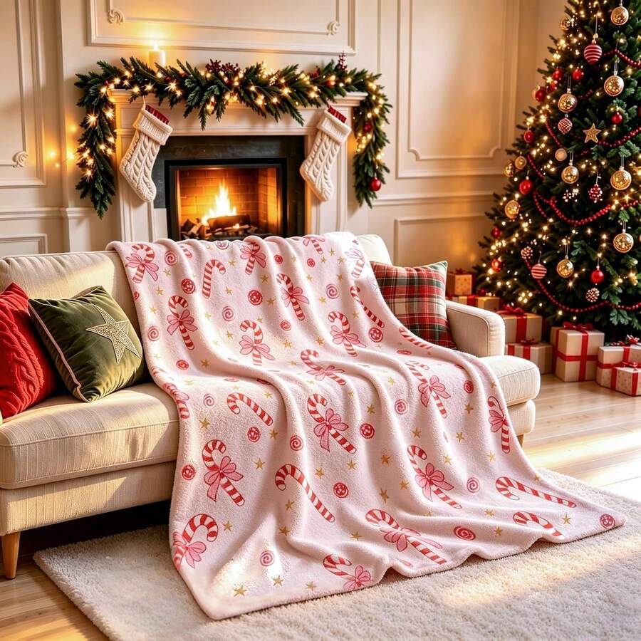 Pink Christmas Candy Cane Flannel Blanket, Bow Candy Star Print Sofa Throw, Girly Holiday Gift Blanket - Pink - View 1
