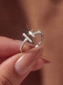 1pc Parallel Long & Short Rhinestone Open Ring, Birthday Gift, Romantic Women's Ring - Parallel - View 6