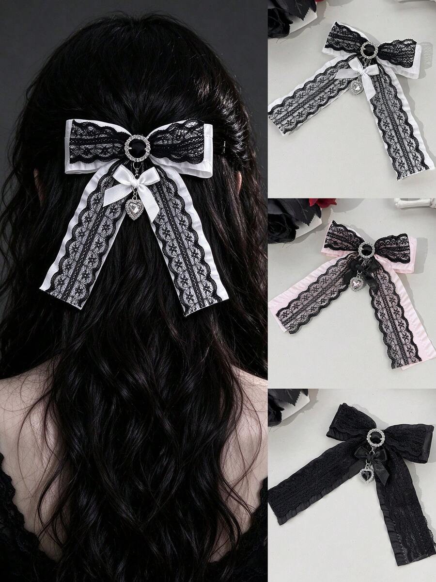 1pc Gothic Vintage Style Multi-Layer Ribbon Lace Bow Edge Rhinestone Decorated Heart Pendant Long Streamer Hair Accessory For Girls - Multicolor - View 1