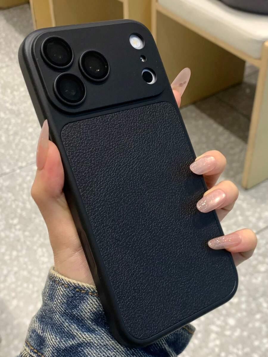 Soft Touch Solid Black Faux Leather Texture Contrast Border Phone Case, Shockproof Protective Cover, Ideal Gift For Friends, Mom, Best Friend, Compatible With Apple 17/ 16/ 15/ 14/ 13/12/11/Air/ 17/18 Pro Max/18Pro