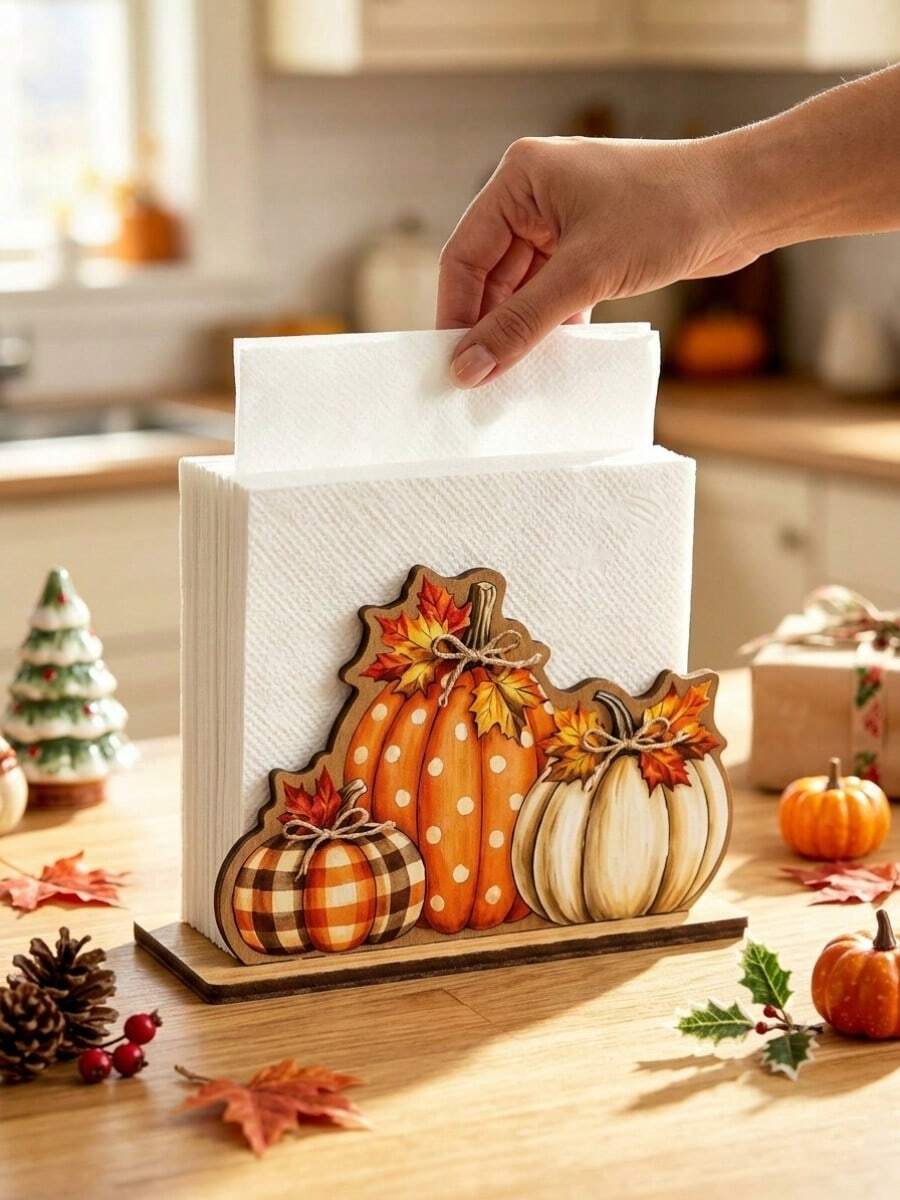 1pc Wooden Napkin Holder, Autumn Pumpkin & Maple Leaf 3D Decorative Design, Vertical Paper Towel Storage Base, Suitable For Dining Table Napkins, Restaurant Tabletop Display, Autumn Table Setting, Thanksgiving Table Decor, Autumn Home Soft Furnishing, Desktop Decorative Ornament, Holiday Table Storage Supplies - Multicolor - View 1