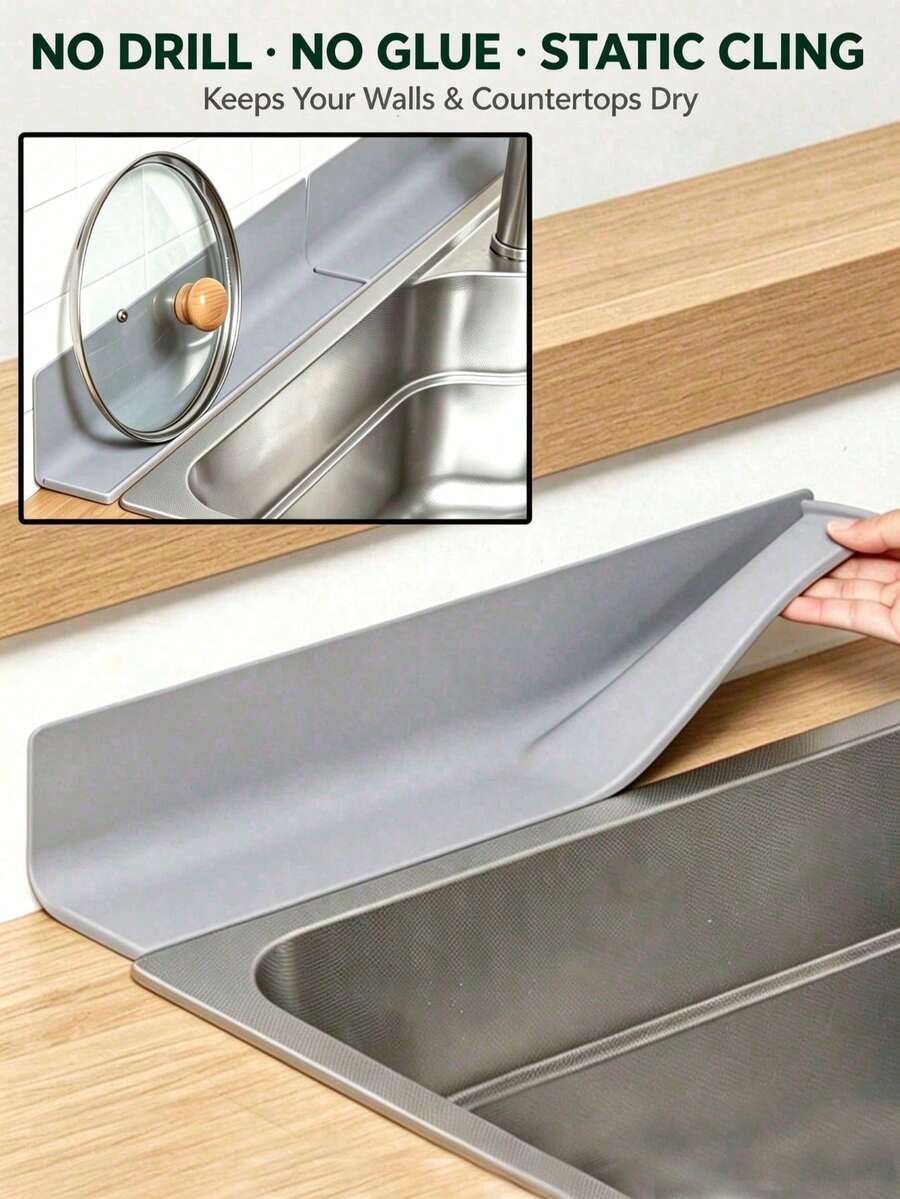 1pc Silicone Kitchen Sink Splash Guard Mat, Electrostatic Self-Adhesive, No-Drill Electrostatic Adsorption Barrier, Heat-Resistant, Oil-Resistant And Easy To Clean, Narrow Edge Extended Drainage Mat, Countertop Storage Mat, Bar Anti-Slip Mat, Dishwasher - Multicolor - View 1