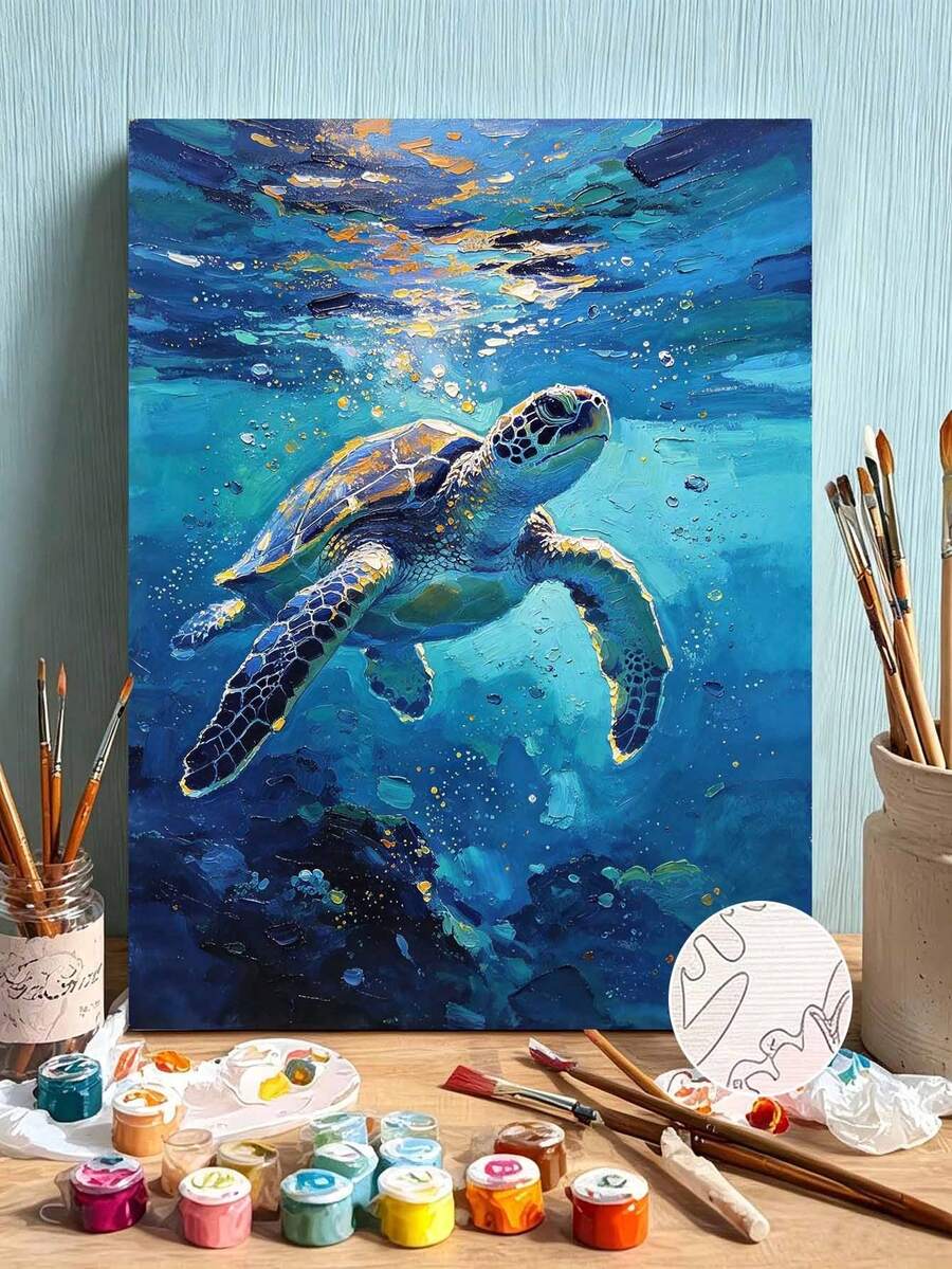 DIY Paint By Numbers Kit, Sea Turtle Swimming Underwater With Bubbles, Impasto Oil Painting Canvas Wall Art Home Decor Gift - A - View 1
