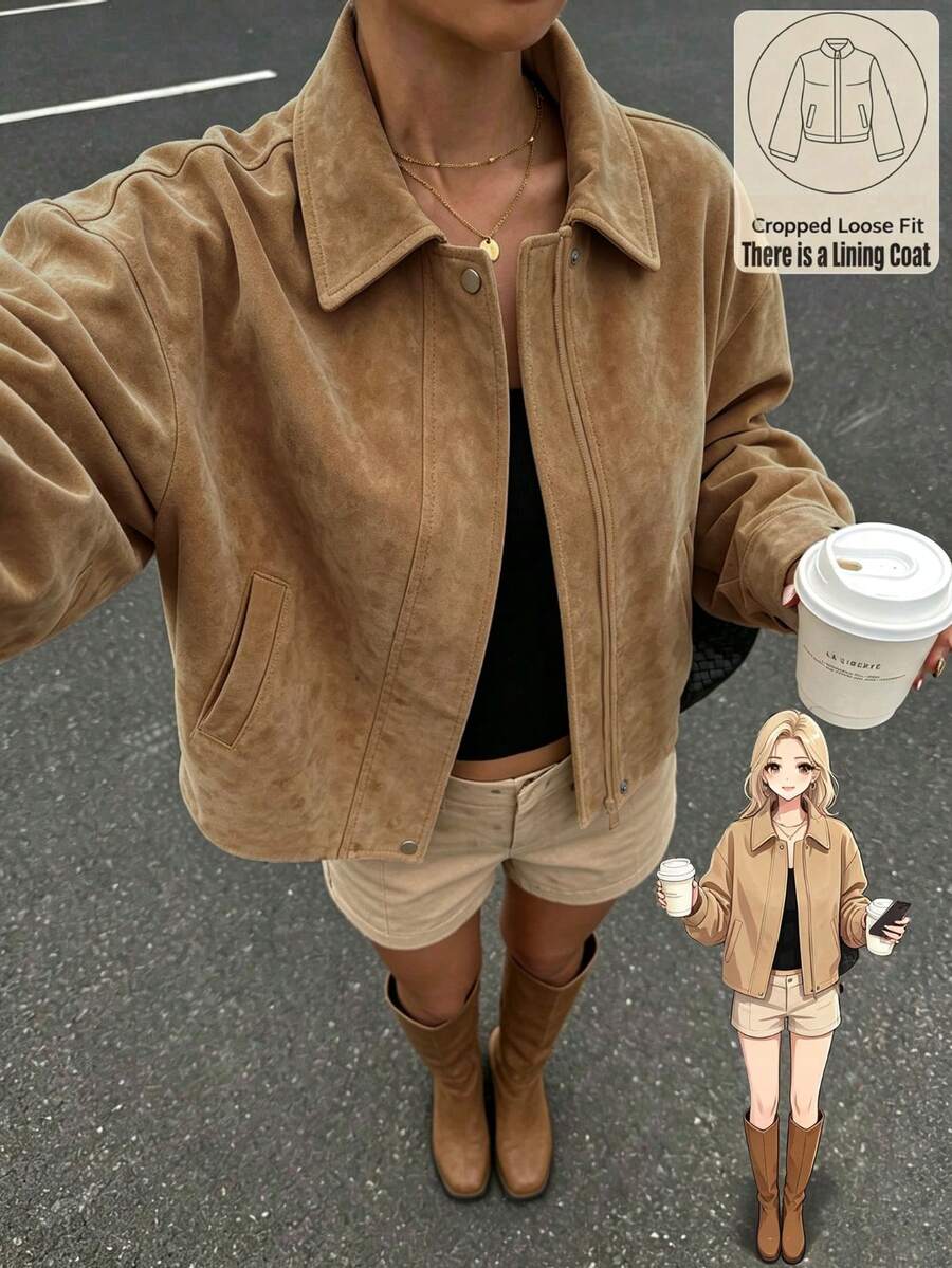 Women's Winter Jacket, Brown Loose Collar Jacket, Long Sleeve, Button Decor, With Pockets, Autumn Outfit Choice, Suitable For Daily Wear