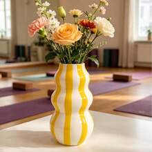 1PC Rustic Ceramic Vase - 1PC Asymmetrical Gourd-Shaped Striped Abstract Vase For Flowers | Tabletop & Living Room Shelf Decor - Ideal Valentine's Day & Mother's Day Gift - Multicolor - View 4