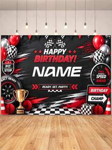 Customizable Name Racing Champion Theme Birthday Banner, Black & White Checkered Flag, Balloons, Tires, Gold Trophy, Road Barrier Design, Racing Birthday Party Wall Decor Photo Backdrop - Black - View 3