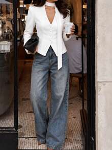 Solid Color Halter Neck Tie Detail Button Front Fitted Blazer Elegant Long Sleeve Asymmetrical Hem Suit Jacket For Women Workwear - White - View 8