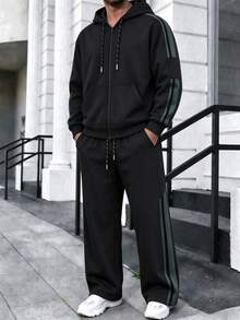 Men's Autumn/Winter Thermal Lined Hooded Sweatshirt & Loose Street Casual Sweatpants 2 Pieces Set - Black - View 1