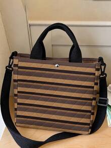 1pc Brown Plaid Stripe Diamond Quilted Tote Bag,Snap Button,Detachable Crossbody Strap,Large Capacity Multi-Use Shoulder Bag For Daily,Travel,Work - Multicolor - View 1