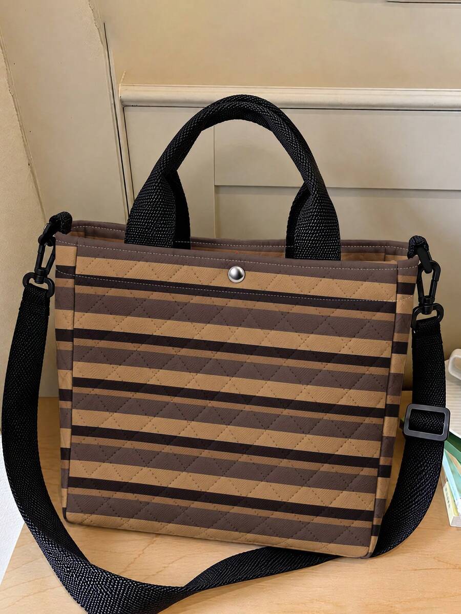 1pc Brown Plaid Stripe Diamond Quilted Tote Bag,Snap Button,Detachable Crossbody Strap,Large Capacity Multi-Use Shoulder Bag For Daily,Travel,Work - Multicolor - View 1