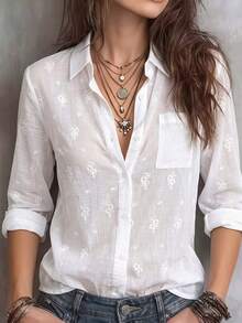 Women's Solid Embroidered Cotton Collared Long Sleeve Button Front Pocket Shirt Business Office Home Vacation Daily Holiday Spring Summer Fall Winter - White - View 4