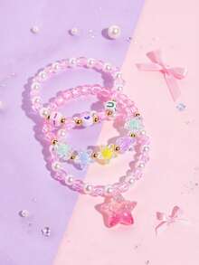 3pcs/Set Shiny Star Pendant Elastic Beaded Children's Bracelet Set, Stackable Daily Wear Jewelry Bracelets For Girls - Multicolor - View 2