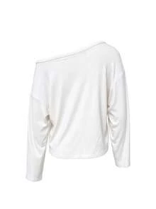Korean Style Casual Button Design White Asymmetrical Shoulder Long Sleeve T-Shirt, Women's Versatile Autumn Base Layer Top - White - View 11