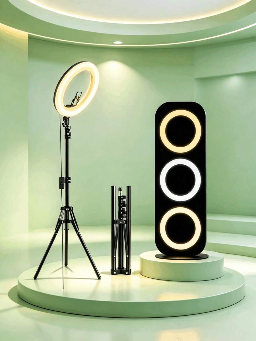 Set Lampu Ring Selfie LED 10 Inci dengan Tripod yang Dapat Diatur Ketinggiannya hingga 57,1 Inci dan Penjepit Ponsel Universal. Dilengkapi dengan kenop peredup yang dapat disesuaikan dan ditenagai USB. Stabilizer universal ini mendukung lampu ring DIY dan kompatibel dengan kamera. - Hitam - View 1