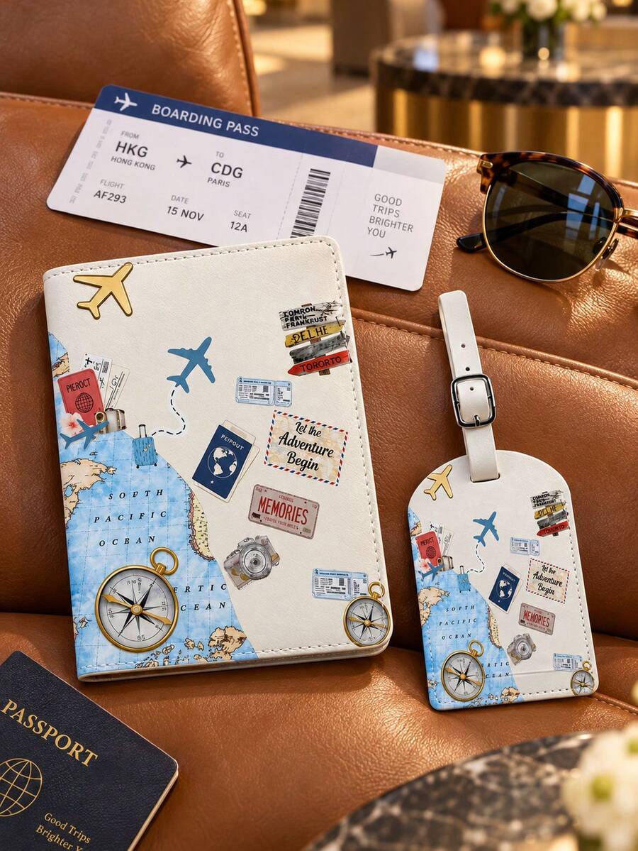 Vintage Travel Plan Themed Passport Holder And Luggage Tag Set, Fashion ...