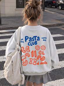 青少年女孩圓領運動衫，背面趣味義大利麵圖案套頭衫，休閒上衣，適合女孩春季秋季校園穿著 - 淺灰色 - 查看 1