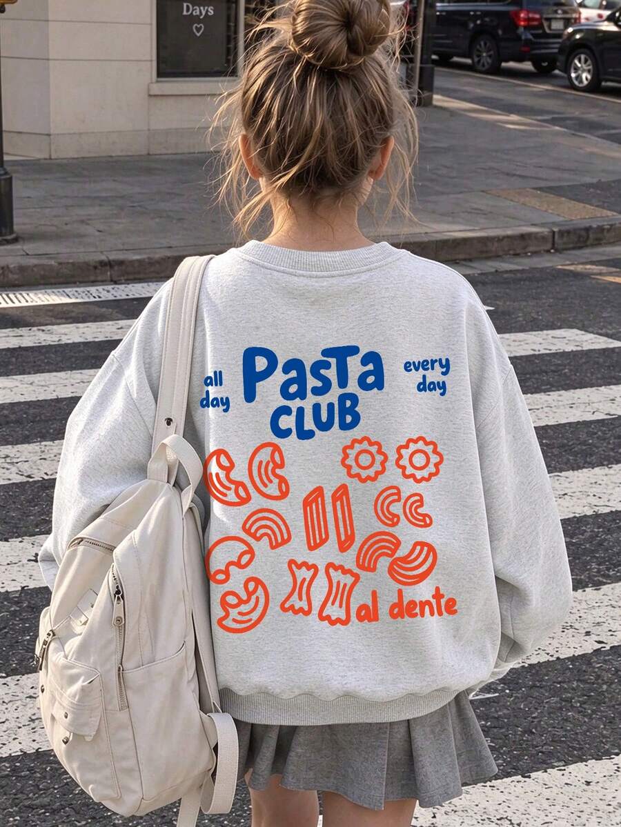 青少年女孩圓領運動衫,背面趣味義大利麵圖案套頭衫,休閒上衣,適合女孩春季秋季校園穿著 - 淺灰色 - 查看 1