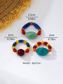 3pcs/Set Vintage Colorblock Beaded Rings, Niche Design Stackable Finger Rings, Personalized Atmosphere Matching Accessories - Beaded Ring - View 2