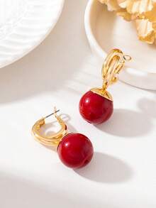 1 Pair Fashion Elegant Vintage Hong Kong Style Burgundy Ball Decor Earrings For Women - Burgundy - View 3