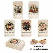 50pcs Merry Christmas Paper Name Gift Tags With Hemp Rope - Reindeer, Holly & Festive Designs, Vintage Holiday Hanging Labels For Xmas Presents, Gift Bags, Party Favor & Crafts - Multicolor - View 1