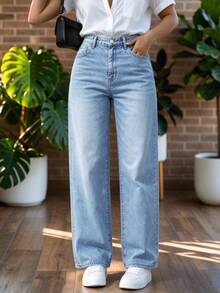 Women's Loose Stretch Washed Blue Wide Leg Jeans, All Season Commute Daily Versatile Denim Pants - Light Blue - View 2