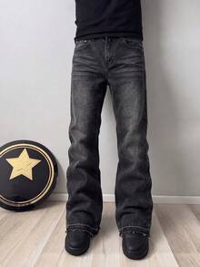 BAZR Men's Flared Jeans, Slim Fit Distressed Flare Leg Jeans, Y2K Stacked Jeans, Contrast Wash Embroidered Jeans, Suitable For All Seasons - Black - View 1