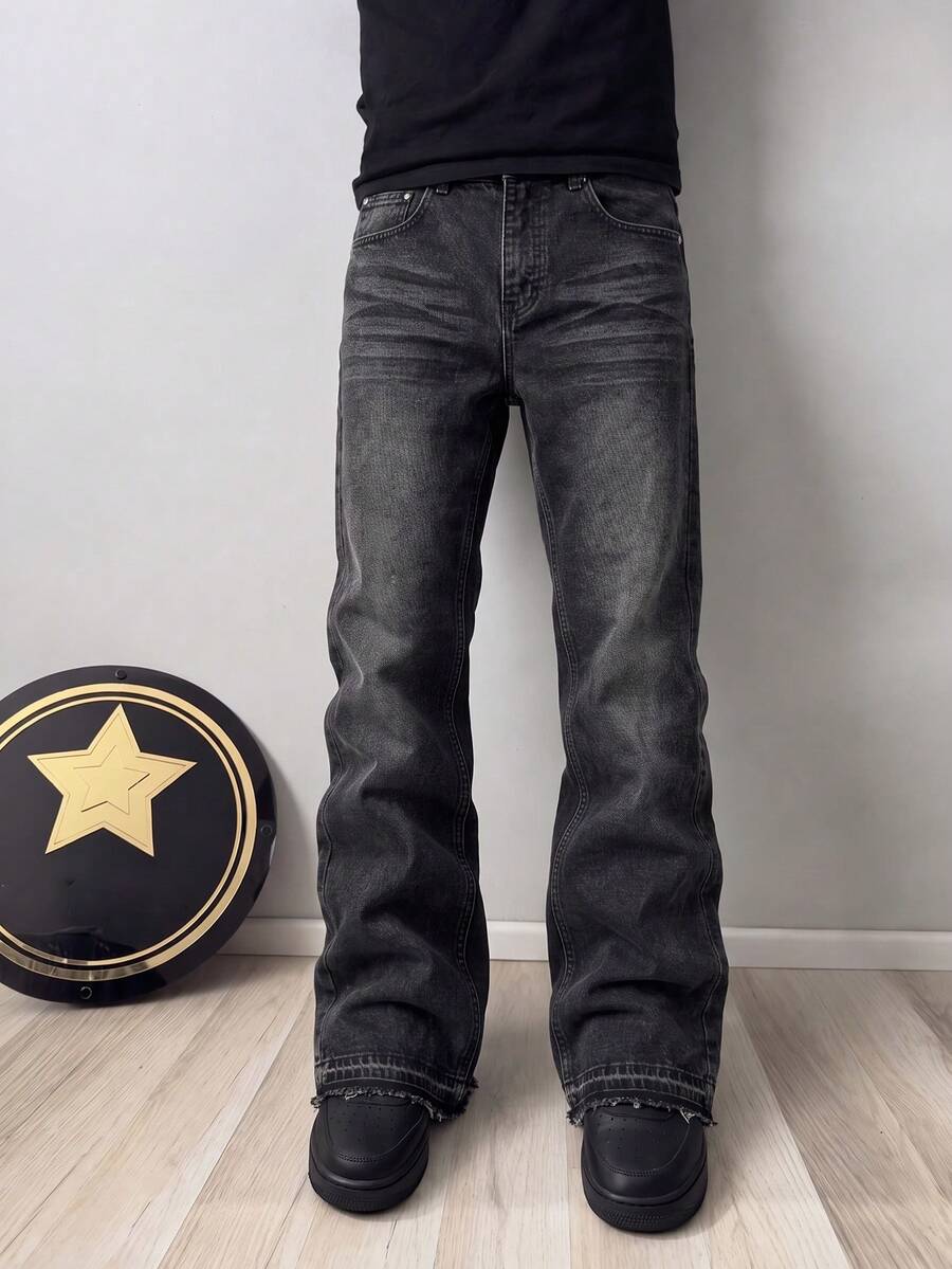 BAZR Men's Flared Jeans, Slim Fit Distressed Flare Leg Jeans, Y2K Stacked Jeans, Contrast Wash Embroidered Jeans, Suitable For All Seasons - Black - View 1
