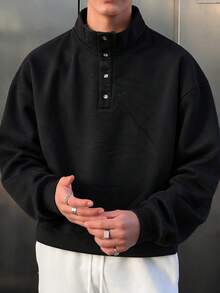 Men's Black Stand Collar Button Henley Sweatshirt, Vintage Casual Regular Fit Long Sleeve Pullover - Black - View 1