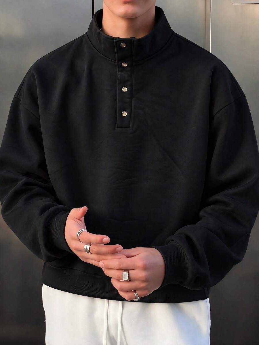 Men's Black Stand Collar Button Henley Sweatshirt, Vintage Casual Regular Fit Long Sleeve Pullover - Black - View 1