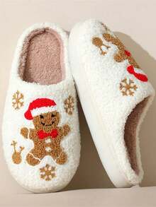 2026 New Autumn/Winter Christmas Couple Thermal Lined Slippers, Gingerbread Man Pattern Men's Warm Comfortable Home Shoes - Brown - View 3