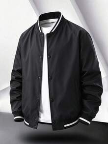 Men's Outdoor Casual Jacket, American Style Patchwork Baseball Collar, Unisex Lightweight Luxury Cardigan Coat - Black - View 1