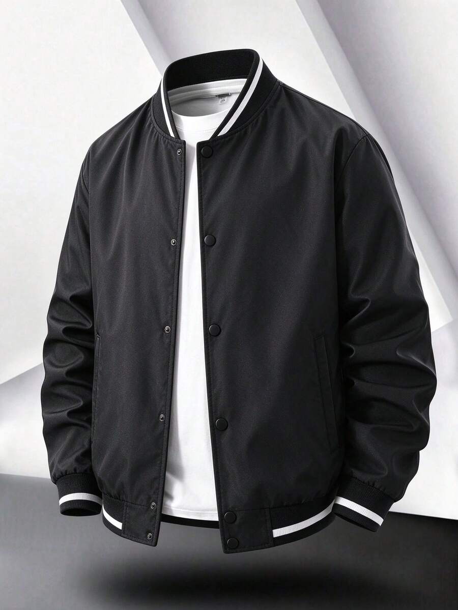 Men's Outdoor Casual Jacket, American Style Patchwork Baseball Collar, Unisex Lightweight Luxury Cardigan Coat - Black - View 1