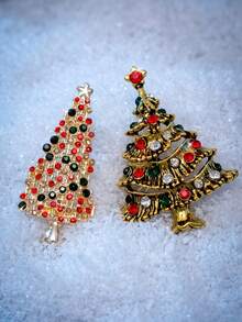 2PCS Vintage Rhinestone Christmas Tree Brooch Set Gold Tone Crystal Festive Holiday Party Lapel Pin Women Jewelry Accessories Secret Santa Gift - Multicolor - View 6