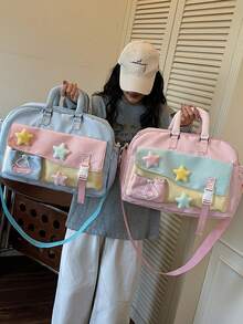 1 buah Tas Duffle Blok Warna Kawaii, Dekorasi Bintang Berbulu, Tas Perjalanan Kapasitas Besar, Tas Tangan & Tas Selempang dengan Tali yang Dapat Diatur untuk Sekolah dan Gym - MultiWarna - View 2