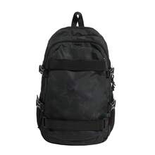 Men Daily Rucksack + Y2K Star Printed Backpack + Multiple Side Pockets + School Weekend Hiking + Dark Black Solid Tone Webbing Detail - Multicolor - View 13