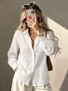 Women's Solid Embroidered Cotton Collared Long Sleeve Button Front Pocket Shirt Business Office Home Vacation Daily Holiday Spring Summer Fall Winter - White - View 3