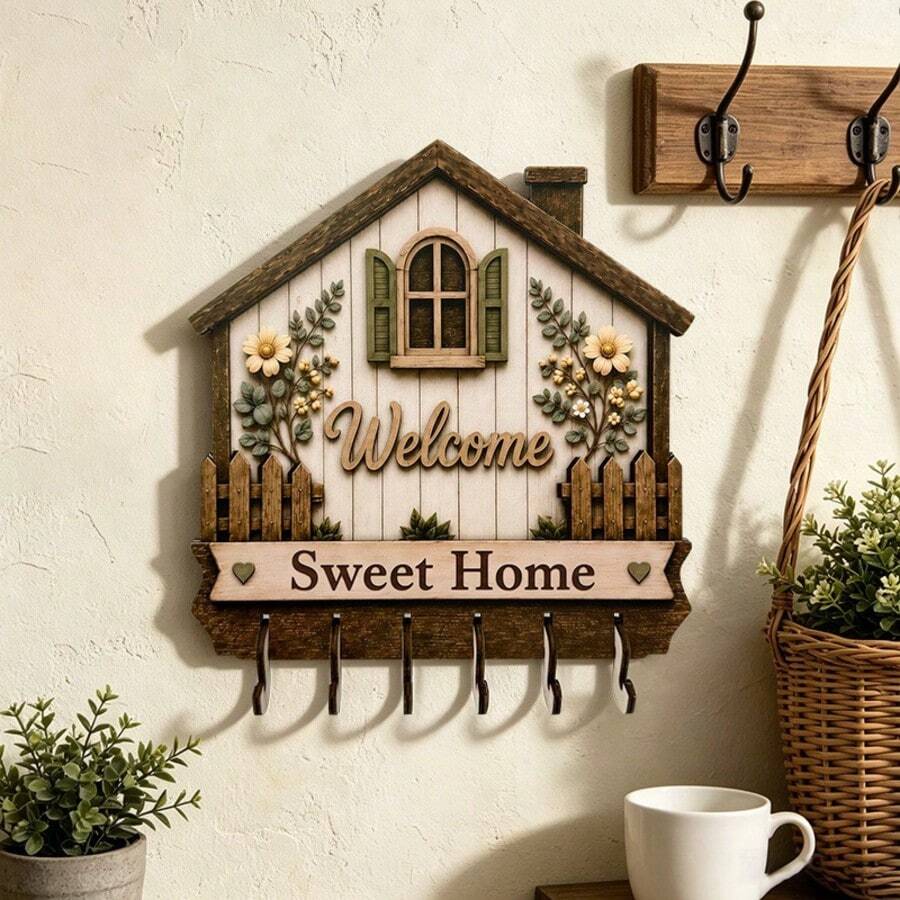 ديكور حائط خشبي جديد لحامل المفاتيح بتصميم Sweet Home، زينة حائطية لتخزين المفاتيح، معلق خشبي للحائط - متعدد الألوان - مشاهدة 1