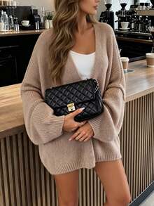 Freeform Plus Size Women Solid Color Autumn/Winter Knitted Cardigan, High Elasticity Loose Long Sleeve Sweater Jacket, Suitable For Daily Versatile Casual Commute, Elegant Fashionable Autumn/Winter Outfit Occasions, Light Khaki - Light Khaki - View 2