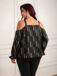 Plus Size Women's Fashion Chain Off-Shoulder Top, Vintage Gold Geometric Rhombus Pattern Foil Print, Long Flared Sleeves, Round Neck, Retro Style, Versatile And Elegant - Black - View 3