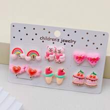 6 Pairs Unicorn/Rainbow/Mermaid/Dolphin Painless Clip-On Earrings, Cute Cartoon Resin Jewelry Accessories, Daily Wear, Best Gift For Girls - A - View 12