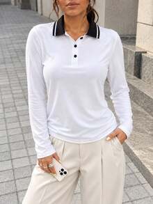 Women White Long Sleeve Polo Shirt With Black Contrast Collar Button Placket Casual Tennis Style Top For Daily Wear. - White - View 8