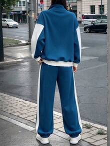 2pcs/Set Color Block Patchwork Contrast Blue & White Design Casual Elegant Versatile Zip-Up Hoodie & Pants Set, Suitable For Sporty, Homewear, Office, Street, Commute, Spring/Autumn/Winter, Graduation, Back To School, Female Teacher Outfit, Loose Fit Sweatshirt And Sweatpants - Blue and White - View 5