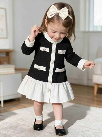Baby Girl Dress Black & White Contrast Color Stand Collar Long Sleeve Textured Fabric Ruffle Hem Infant Toddler 1st Birthday Party Dress