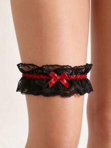 1pc Bridal Lace Bow Black & Red Elastic Thigh Band, Daily Matching Accessory, Sweet & Cool Sexy Leg Decoration - Multicolor - View 2