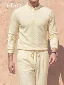 FEIAO Men's Vintage "Old Money Style" Solid Color Button Half-Placket Long Sleeve Casual Commute Fashion Polo Shirt Set, Suitable For Autumn - Yellow - View 4