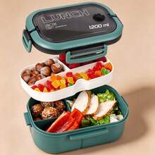 1pc Double-Layer Lunch Box With Utensils, Bento Box With Spoon And Fork, Microwave Lunch Box, Insulated Lunch Bag, 3-Compartment Food Storage Container Set - Multicolor - View 13